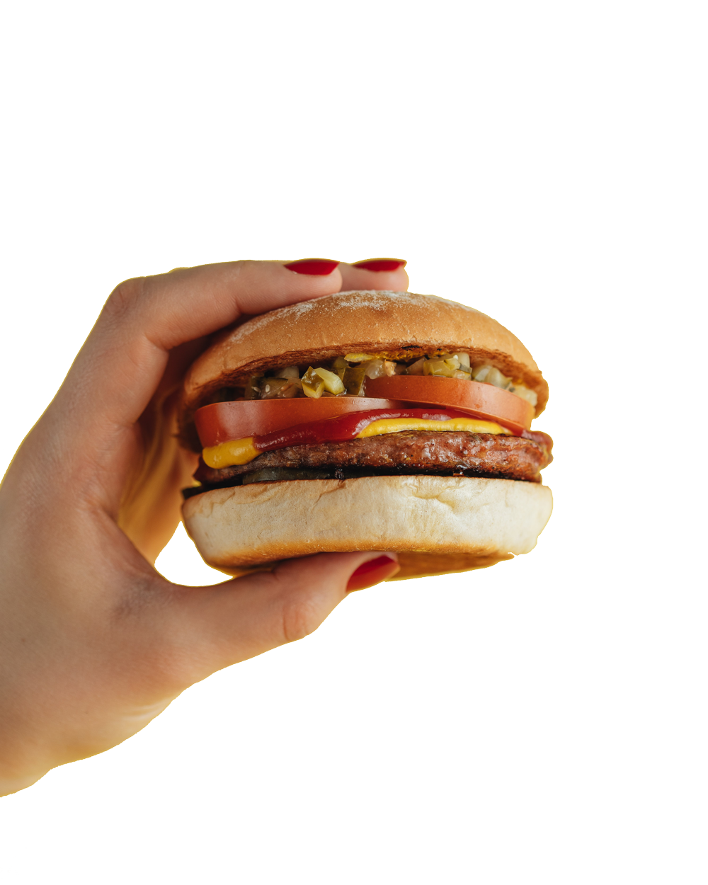 Burger in hand left